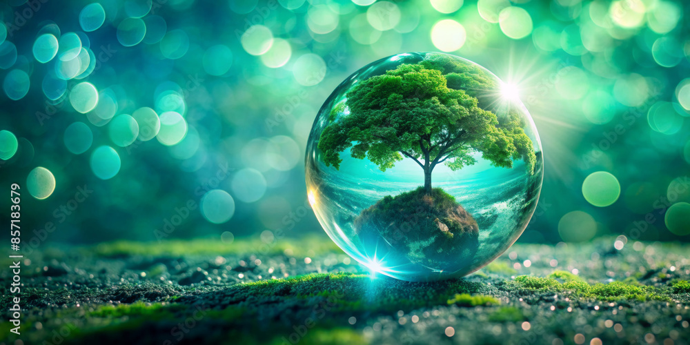Lone tree stands in a transparent sphere,perhaps symbolizing a fragile environment or a self-contained ecosystem.Sphere rests on a mossy ground,bathed in a bokeh of green and blue light.Earth day.AI Lone tree stands in a transparent sphere,perhaps symbolizing a fragile environment or a self-contained ecosystem.Sphere rests on a mossy ground,bathed in a bokeh of green and blue light.Earth day.AI