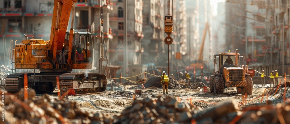 Obraz premium A construction site with workers and machinery, suitable for construction and industrial topics