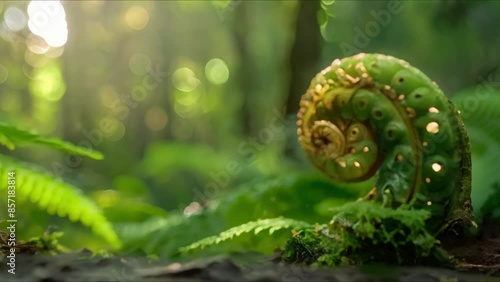 A fern gracefully unfurls its delicate fronds in clos. Concept Botanical Beauty, Nature Photography, Greenery, Ferns, Growth and Transformation photo