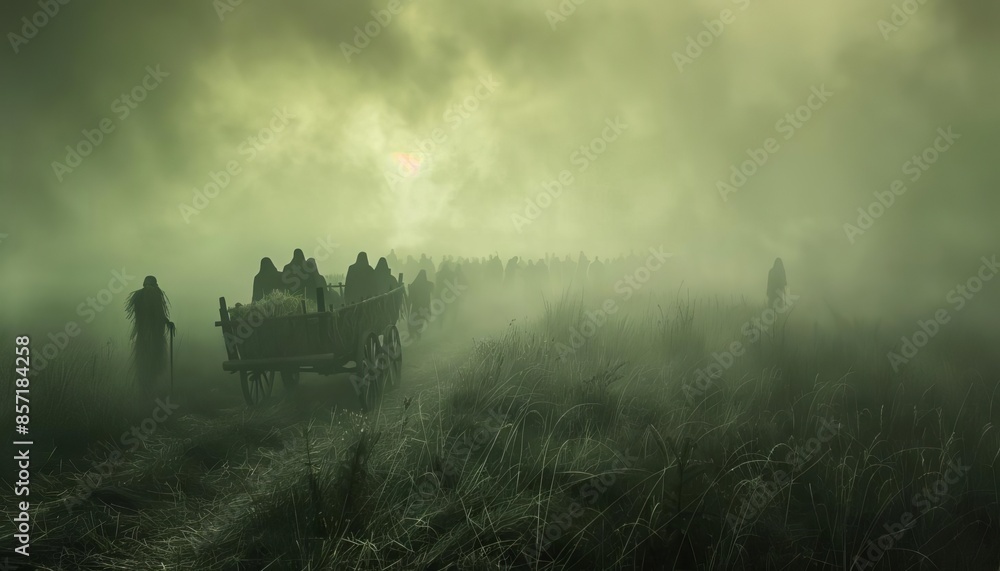 Fototapeta premium A haunted hayride through a foggy field, with scarecrows that seem to come to life as the wagon passes by.
