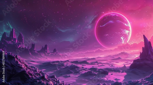 futuristic planet landscape with psychedelic neon colors in vast cosmic space digital illustration