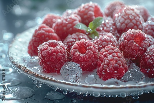 Plate with ice cubes, raspberries. Food, boysenberry, fruit, wine raspberry photo