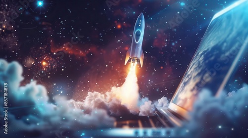 Fototapeta Naklejka Na Ścianę i Meble -  futuristic rocket ship blasting off from laptop screen space exploration concept digital art