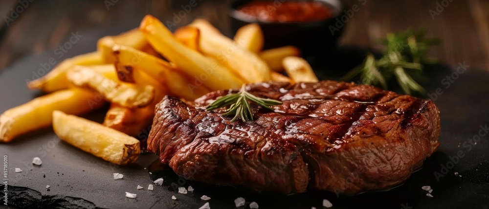 A juicy steak with a side of fries on a dark background A juicy steak with a side of fries on a dark background