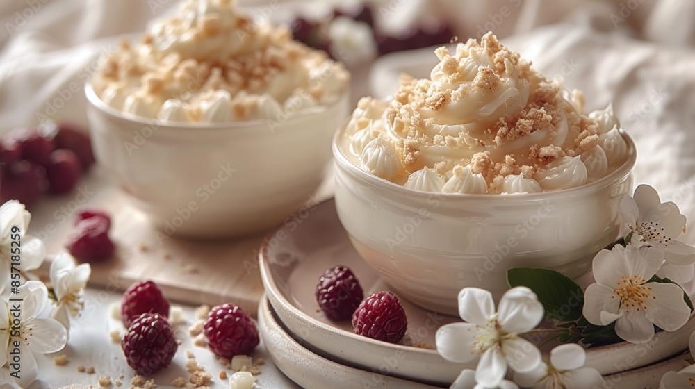 Close-up of a creamy dessert with raspberries and cookies Close-up of a creamy dessert with raspberries and cookies