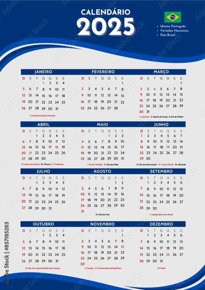 Calendario Brasil Portugues 2025 Feriados Nacionais datas comemorativas todos os meses 2025