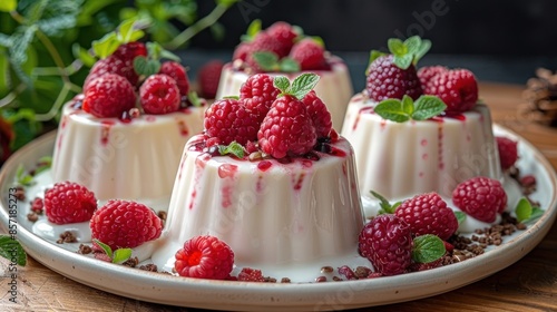 Creamy white dessert topped with fresh raspberries and mint
