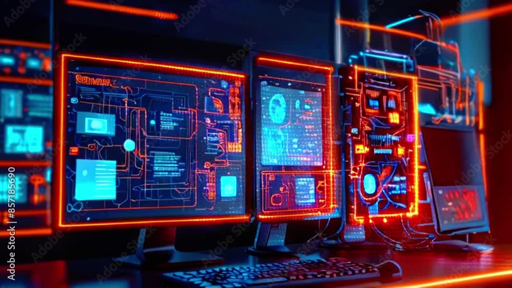 There are three computer monitors with red glowing screens showing a variety of digital information. There are three computer monitors with red glowing screens showing a variety of digital information.