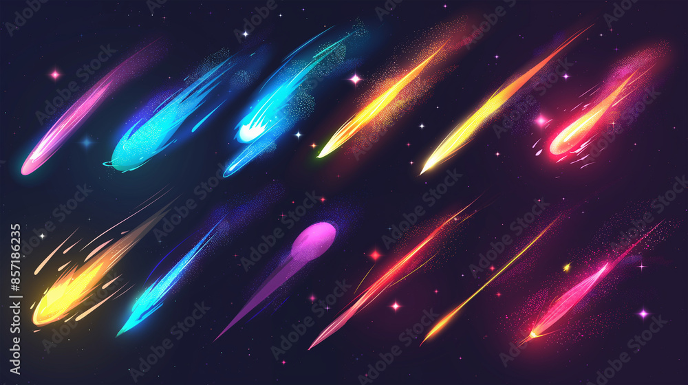 Obraz premium Asset of meteors and comet with deference colors, Illustration