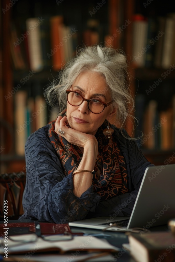 A woman sits in front of a laptop, focusing on her work or personal activities A woman sits in front of a laptop, focusing on her work or personal activities