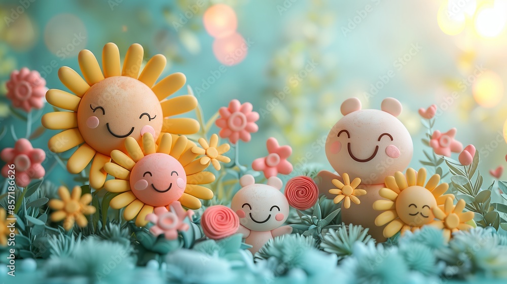 Fototapeta premium Smiling Sunflowers and Happy Creatures in a Flower Garden