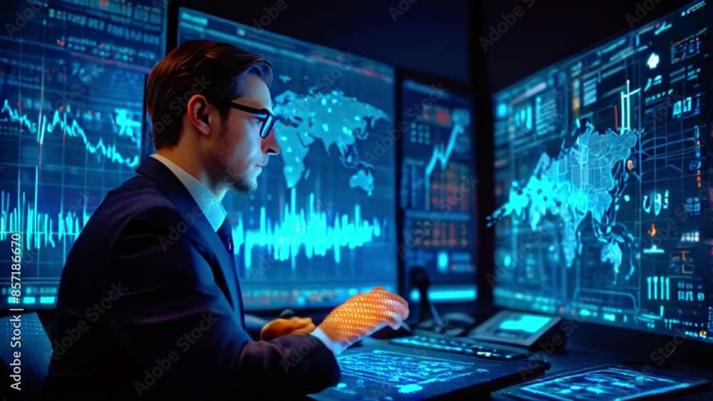 A man in a suit is sitting at a desk looking at multiple computer screens with graphs and data. A man in a suit is sitting at a desk looking at multiple computer screens with graphs and data.