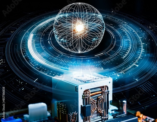 Super powerful quantum computer performing complex calculations at incredible speed. Future generation AI technology concept