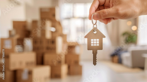 An image of a hand holding a key to a new home, set against a backdrop of unpacked boxes filled with personal belongings. photo