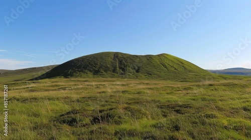 80 A drumlin, a long, whaleshaped hill formed by glacial activity, under a clear blue sky.