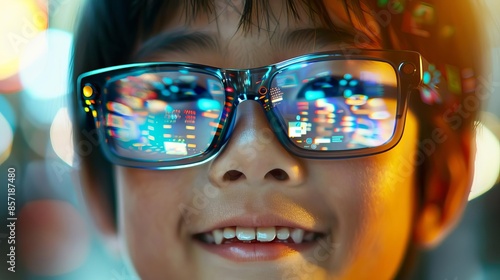 A 12yearold Asian boy, with a fresh face and a bright smile, wearing sleek smart glasses that display colorful digital information, like a virtual map or a digital clock, reflectin photo
