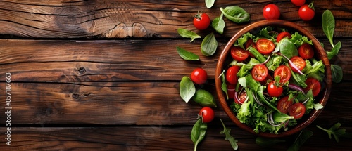 A delicious salad with fresh vegetables on a wooden table