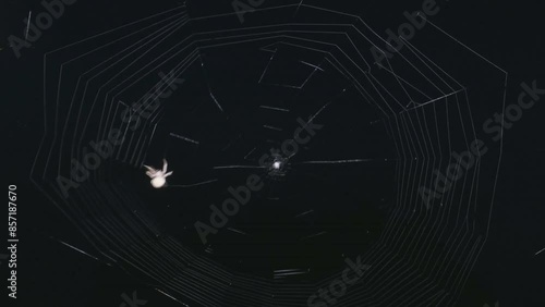 Spider weaving a web and catching prey at night, lit by a light with dark black sky behind. Shot in time-lapse over about one hour. Arachnid orb weaver garden spider spinning silk in a spiral pattern.
