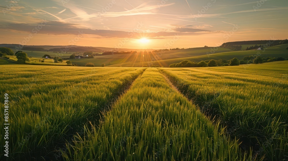 Obraz premium golden hour bliss tranquil green field sunset idyllic rural landscape nature photography