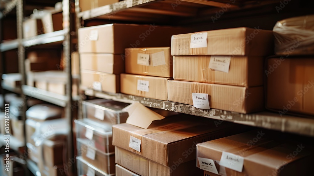 Close-up of stack of neatly packed cardboard boxes with shipping labels.
Close-up of stack of neatly packed cardboard boxes with shipping labels.
