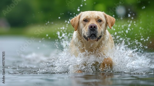 Wallpaper Mural A golden retriever dog runs through the water, creating a splash of droplets Torontodigital.ca