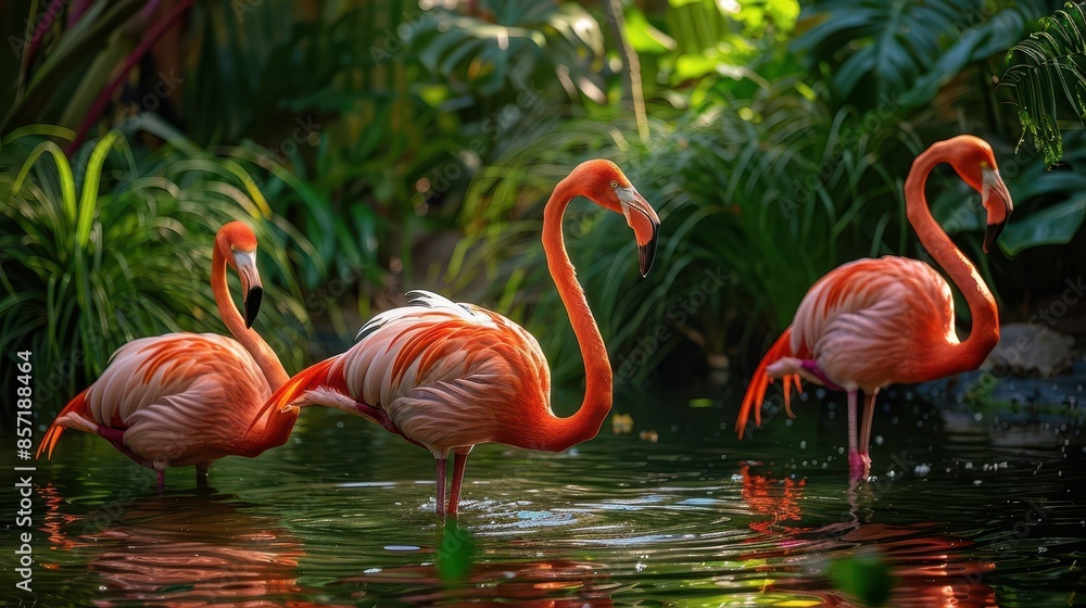 Fototapeta premium graceful flamingos in serene pond with verdant grasses wildlife photography