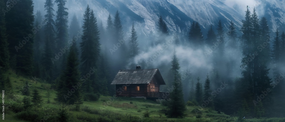 Fototapeta premium A cabin in the woods with smoke coming out of the chimney