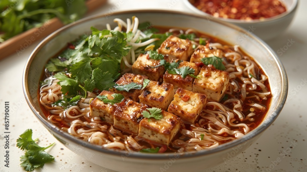 Close-up of a bowl of spicy tofu noodle soup Close-up of a bowl of spicy tofu noodle soup