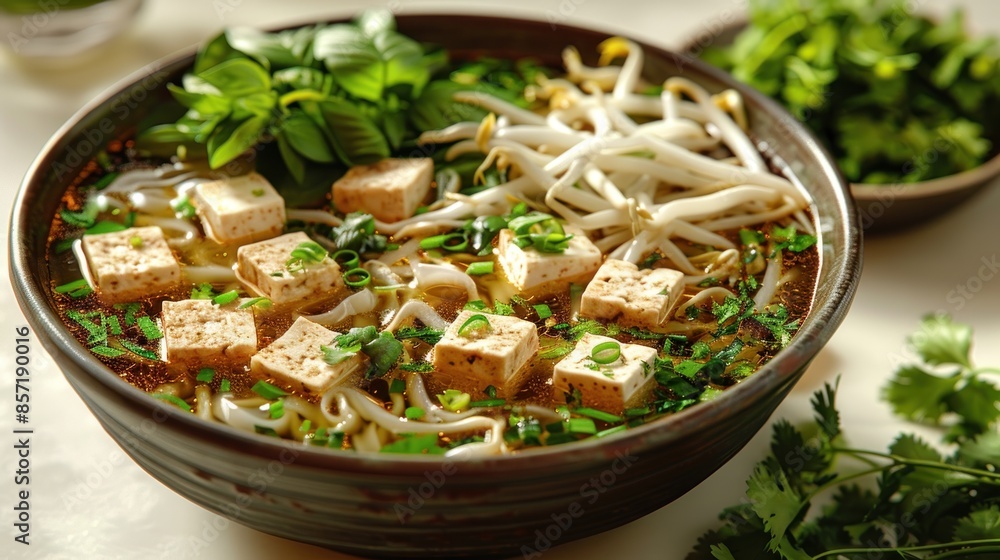 A bowl of steaming hot soup with tofu, bean sprouts, and fresh herbs A bowl of steaming hot soup with tofu, bean sprouts, and fresh herbs