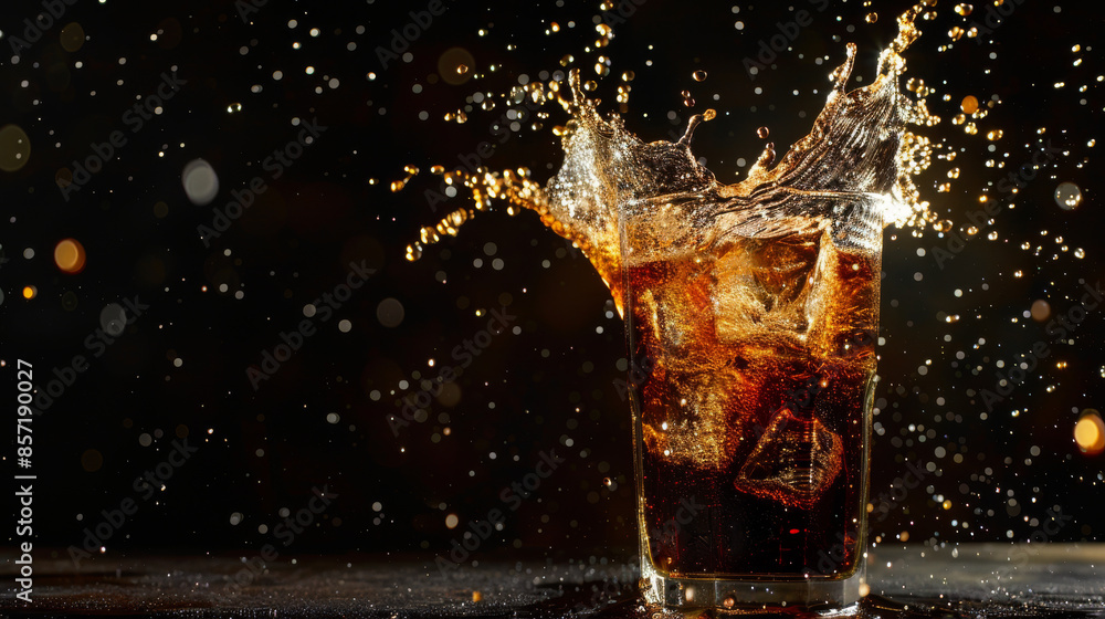 Cola splashing out of a glass in a studio shot, with space available for text Cola splashing out of a glass in a studio shot, with space available for text