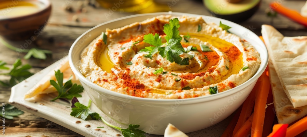 Avocado and Red Pepper Hummus with Fresh Veggies and Pita Bread - Perfect for Appetizers and Snacks Avocado and Red Pepper Hummus with Fresh Veggies and Pita Bread - Perfect for Appetizers and Snacks