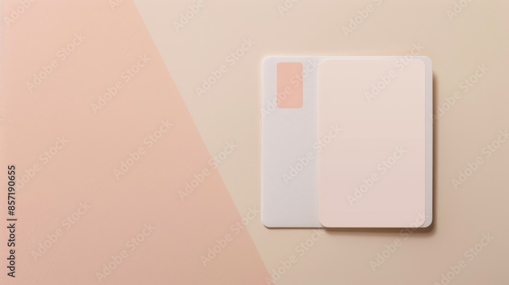 Two pastel-colored cards placed on geometric background with minimalistic design Two pastel-colored cards placed on geometric background with minimalistic design