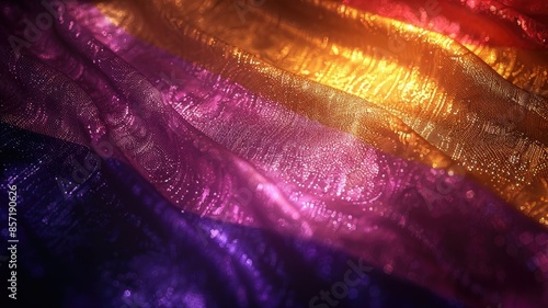Iridescent fabric with shimmering colors transitioning from purple to yellow photo