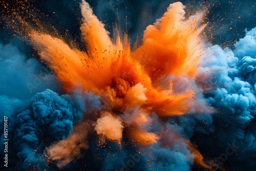 Abstract Blue and Orange Powder Explosion - Vibrant Color Burst for Creative Design, Posters, and Prints