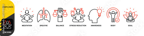 Mindfulness banner icons set for concept of spirituality, awareness, balance, and relaxation with black outline icon of meditation, breathe, stress reduction, body, and soul 