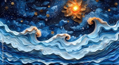 Orange yellow moon and waves of the blue sea on a dark background. 3d papercut, summer sea blue background. Cartoon illustration. sea sunset landscape.