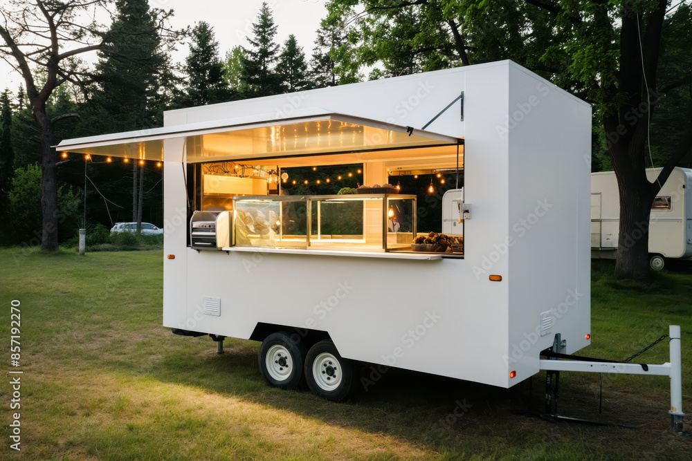 Blank White Food Truck in City Park Setting with String Lights and Greenery, Evening Ambiance. Blank White Food Truck in City Park Setting with String Lights and Greenery, Evening Ambiance.