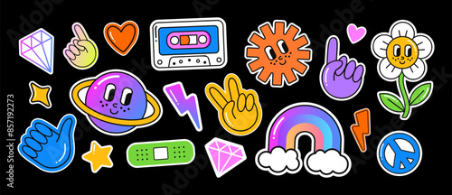 Groovy nostalgic gradient 90s stickers. Retro doodle like signs, rainbow, heart and peace symbols. Funny vintage smiley daisy flower, star, magic crystals, medical patch. EPS 10 vector illustrations.