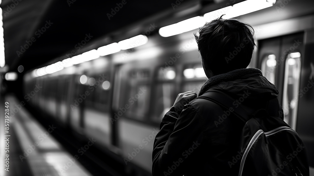 Black and white photo of a man waiting on a subway platform at night, wearing a backpack Black and white photo of a man waiting on a subway platform at night, wearing a backpack