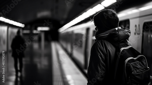 Black and white photo of a man waiting on a subway platform at night, wearing a backpack © Edifi 4