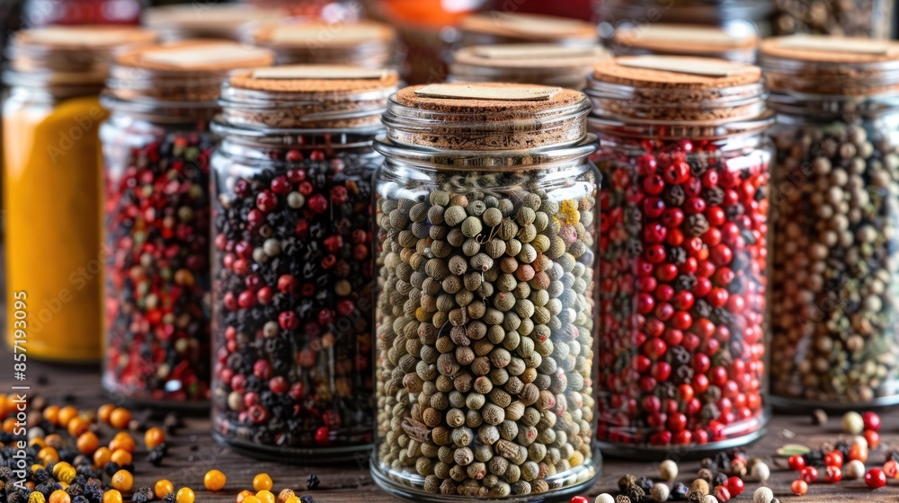 Glass jars filled with various peppercorns on a wooden table Glass jars filled with various peppercorns on a wooden table