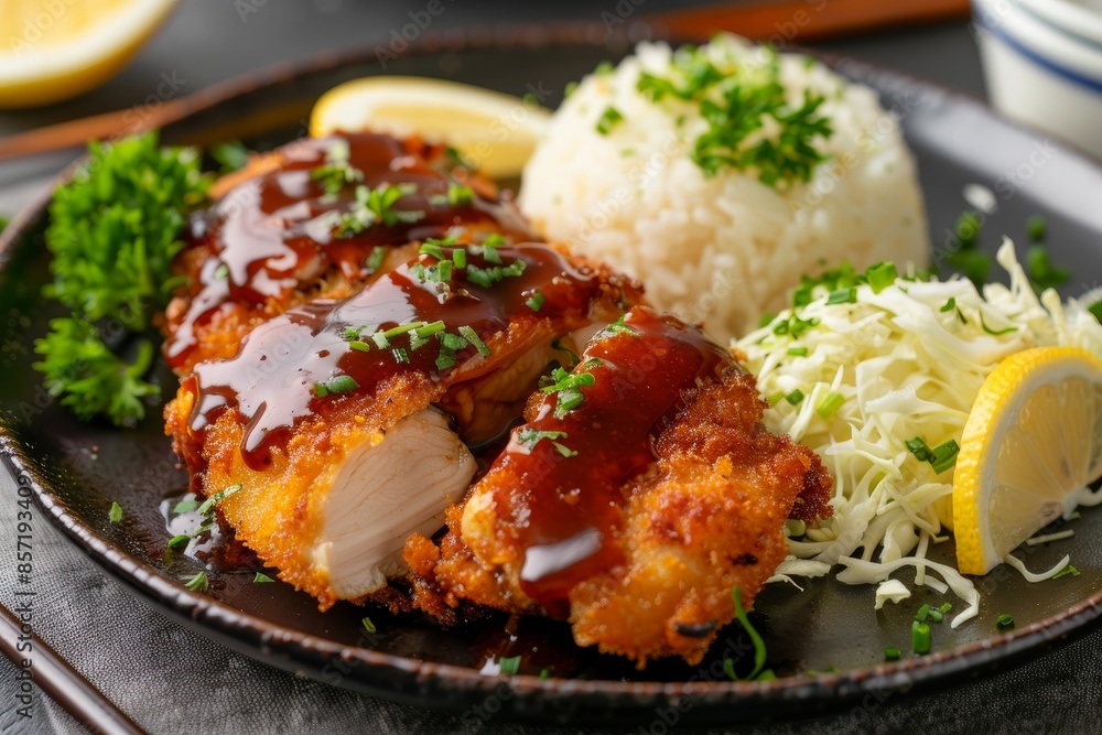 Golden Brown Chicken Katsu with Steamed Rice and Shredded Cabbage, Perfect for Culinary Blogs and Menus Golden Brown Chicken Katsu with Steamed Rice and Shredded Cabbage, Perfect for Culinary Blogs and Menus