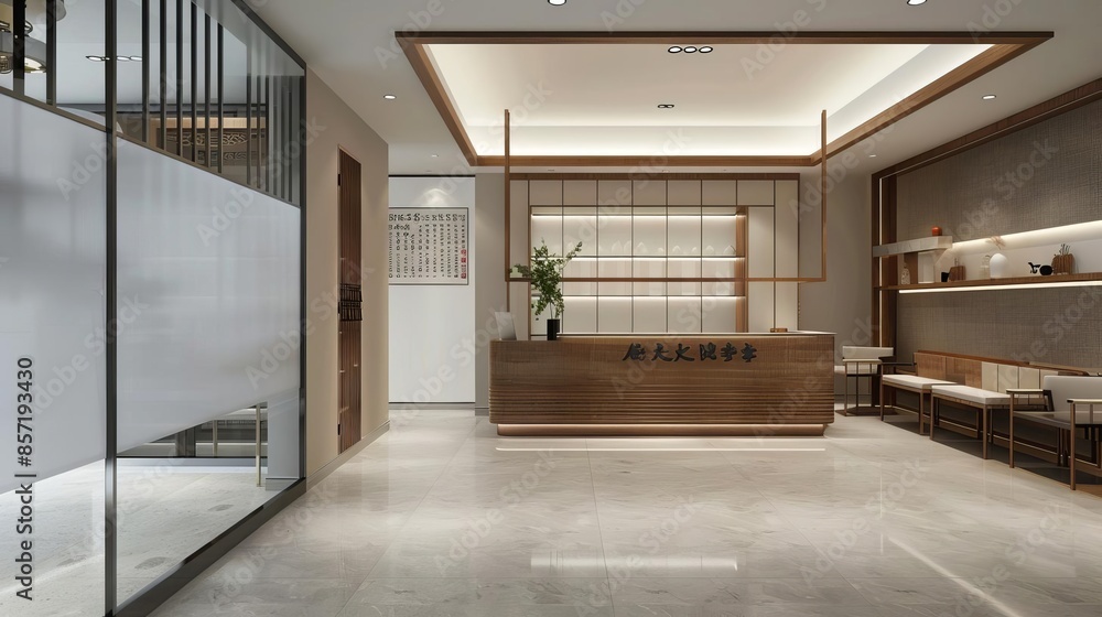 Modern minimalist office reception area with wooden desk and seating. Modern minimalist office reception area with wooden desk and seating.