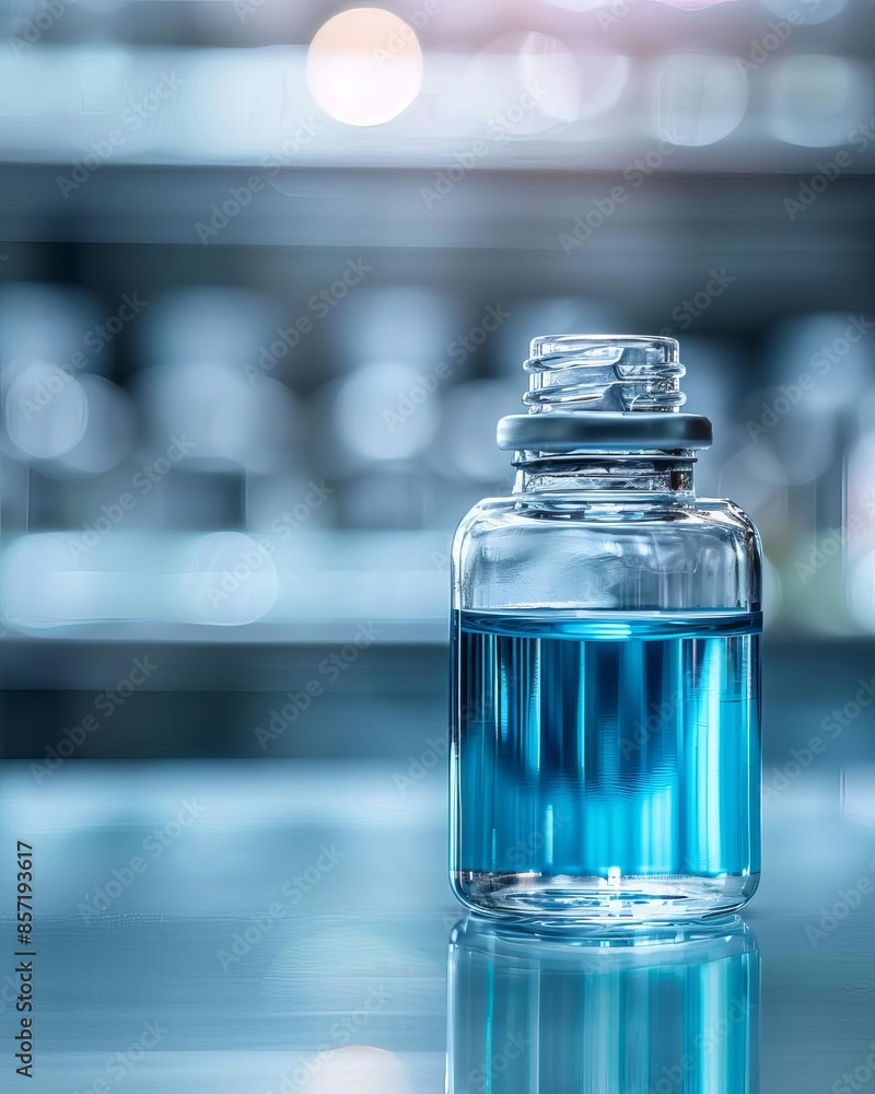Glass vial with clear liquid, isolated on a reflective surface. Glass vial with clear liquid, isolated on a reflective surface.