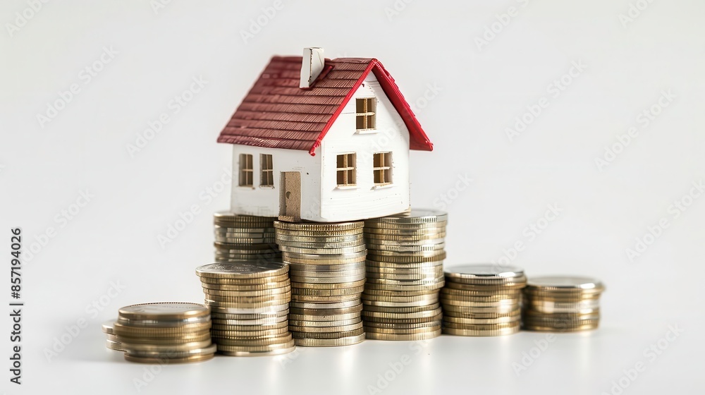 house model on coin stack with white background home savings and investment concept house model on coin stack with white background home savings and investment concept