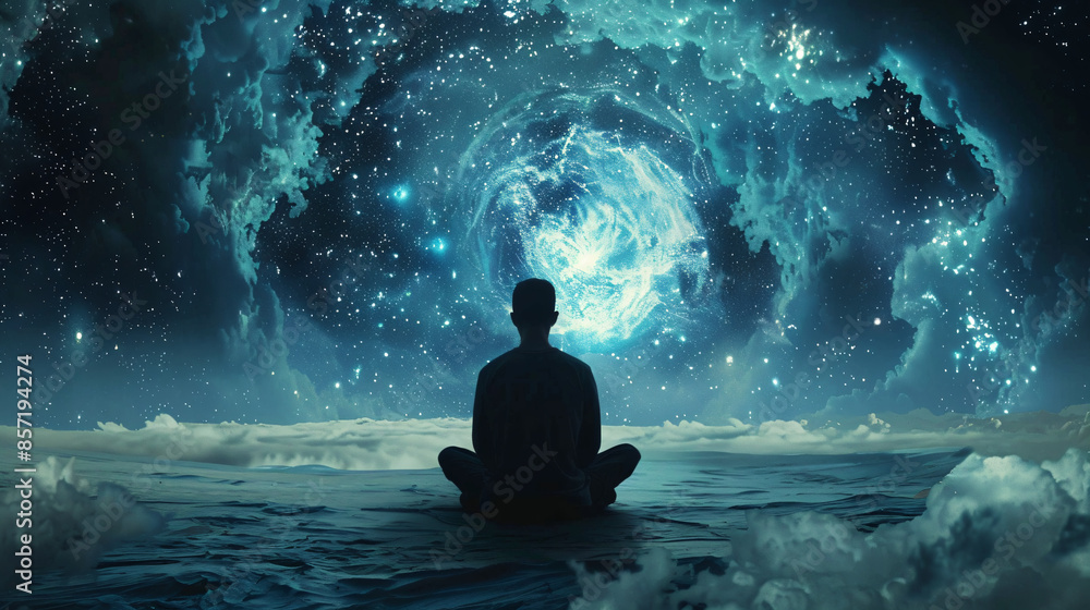 Man Meditating Under a Starry Sky. Man Meditating Under a Starry Sky.