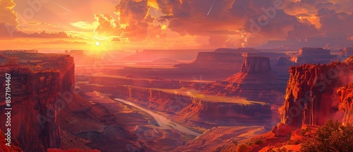 A dramatic landscape of a canyon at sunset, with red rock formations and a river winding through the valley photo