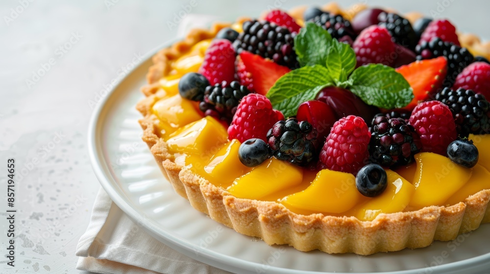 Mango and Berry Fruit Tart with Butter Crust and Glazed Toppings on White Plate Mango and Berry Fruit Tart with Butter Crust and Glazed Toppings on White Plate