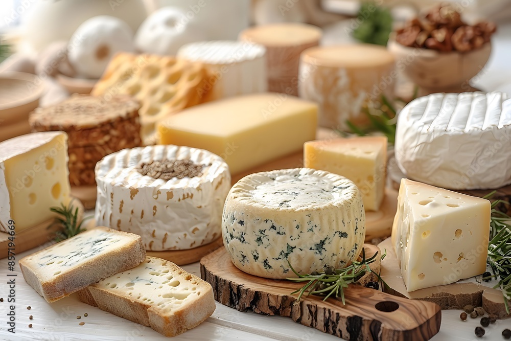 Assorted Artisanal Cheeses Display on Wooden Board - Food Photography for Print, Poster, Social Media Assorted Artisanal Cheeses Display on Wooden Board - Food Photography for Print, Poster, Social Media
