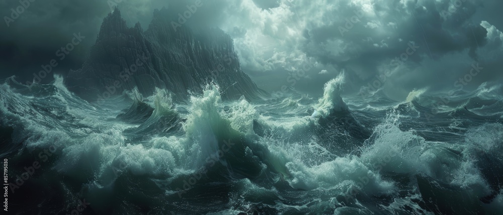 A dramatic seascape with crashing waves against rugged cliffs, captured in A dramatic seascape with crashing waves against rugged cliffs, captured in
